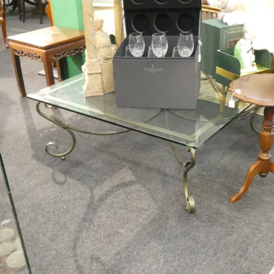 LG SQUARE GLASS & WROUGHT IRON COFFEE TABLE 1100MM SQ