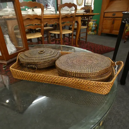 3 WOVEN CANE PIECES; 2 LIDDED CONTAINERS + TRAY 600x350mm