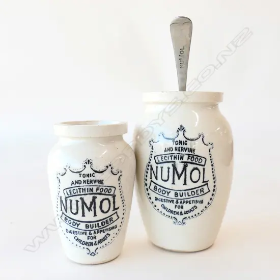 VINTAGE 'NUMOL BODY BUILDER'  STONEWARE POTS & NUMOL STAMPED SPOON, H. 110 & 130mm