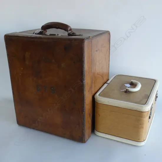 2 MONOGRAMMED VINTAGE SUITCASES 'P.S.B.' & 'E T S'  handle on leather case requires repair