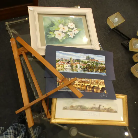 4 ARTWORKS + EASEL; DOREEN BRIGGS FLORAL W/C, SIDMOUTH DEVON 60x395mm PRINT + 2 UNFRAMED SIGNED EUROPEAN CITIES W/Cs