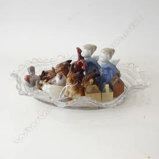 18 ASST PIECES; GLASS DISH + 17 SMALL CERAMIC BUNNIES, B&G BIRDS, PR ANGELS ETC