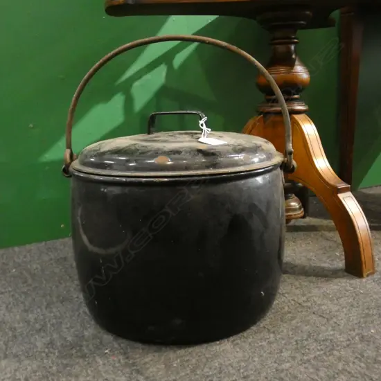 OLD BLACK ENAMEL POT 300mm dia