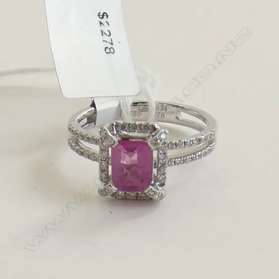 18CT WHITE GOLD PINK TOURMALINE AND DIAMOND RING