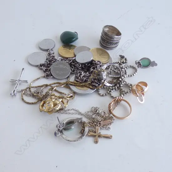 ASST. JEWELLERY; FINE 9CT CHAIN + STG NECKLACE w. COINS ETC