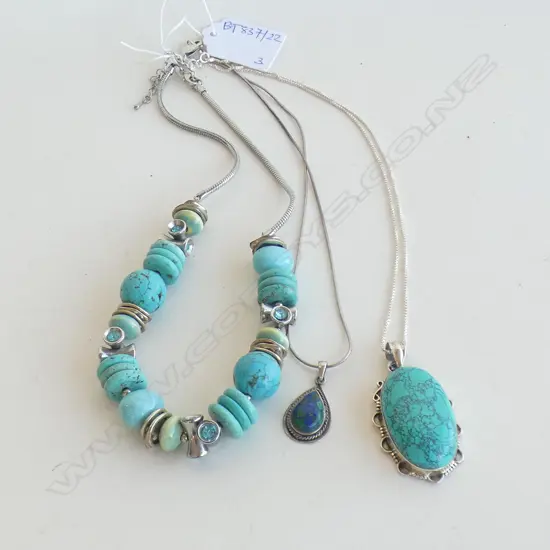 3 NECKLACES; STG & TURQUOISE, STG & AGATE + OTHER