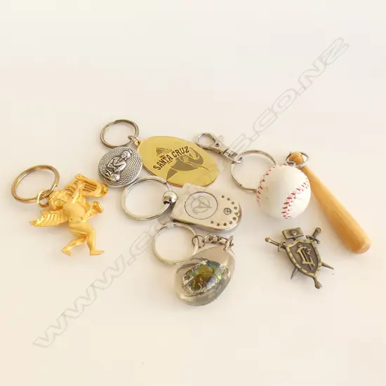 BAG OLD KEY RINGS ETC.. INCLUDING WOODEN BASEBALL & LEATHER BAT KEY RING