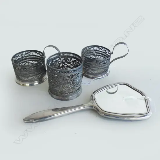 STG SILVER DRESSING MIRROR + 3 SILVER METAL CUP HOLDERS