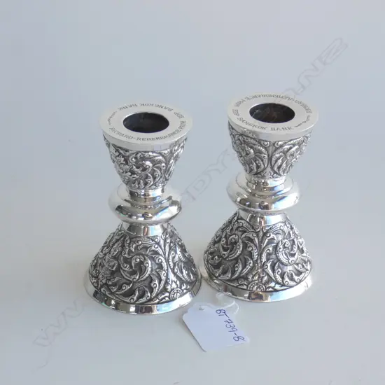 PR ORNATE SIAM SILVER CANDLE HOLDERS C 1930'S  H 95MM