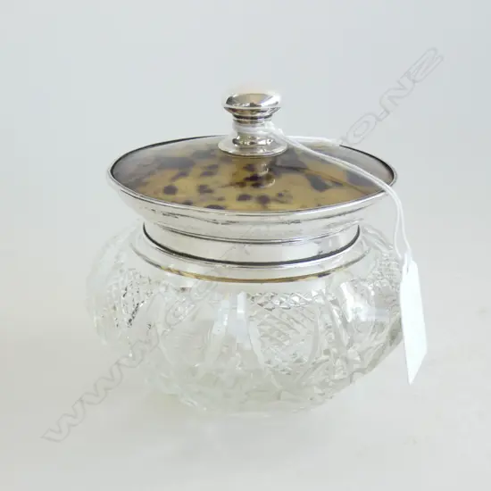 STG SILVER RIMMED FAUX TORTOISESHELL LIDDED DRESSING TABLE CONTAINER BIRM 1927  DIA 100MM