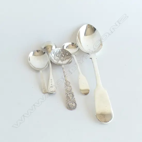 5 ANTIQUE SILVER SPOONS. CADDY. CHINESE. 2 SALTS + DESSERT