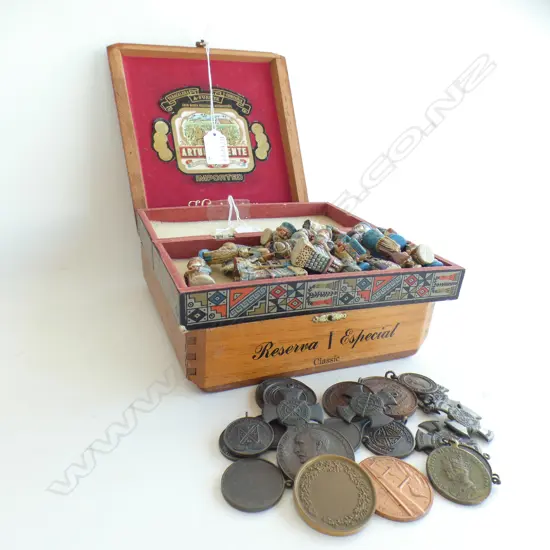 ASST. MEDALS & TOKENS (LIFESAVING ETC) IN CIGAR BOX + SOUTH AMERICAN RESIN CHESS SET, BOXED