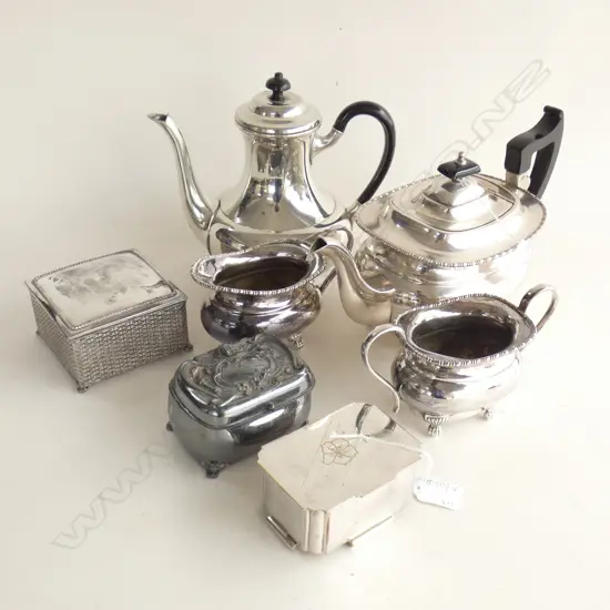 3 PCE VINERS EP TEA SET + PEWTER COFFEEPOT + 3 LIDDED CONTAINERS  