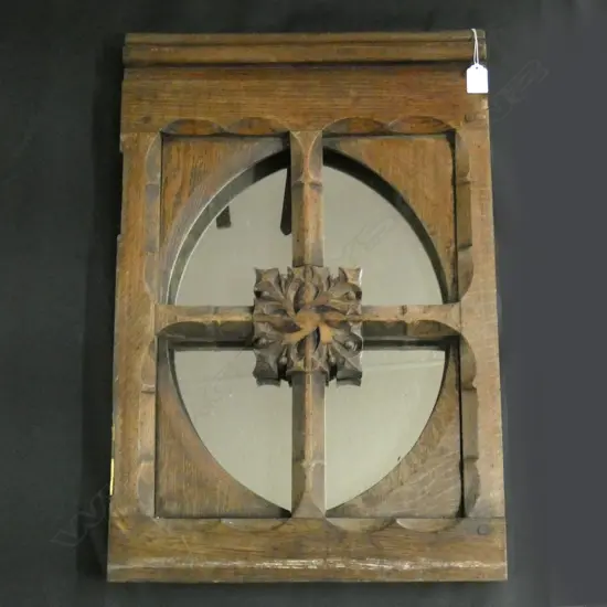 OLD CARVED OAK CHURCH DOOR PANEL AS MIRROR 655x445mm