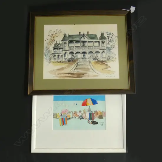 BEACH SCENE PAPER ART ON BOARD - SIGNED 'CLEGG '98' 270 X 175MM + WATERCOLOUR 'ALBERTON' KATIE SMITH '76 400 X 300MM