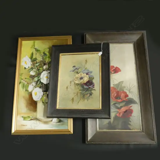 3 OIL ON BOARD - FLORAL PAINTINGS - ONE SIGNED T RATHBONE LARGEST  415 X 790MM