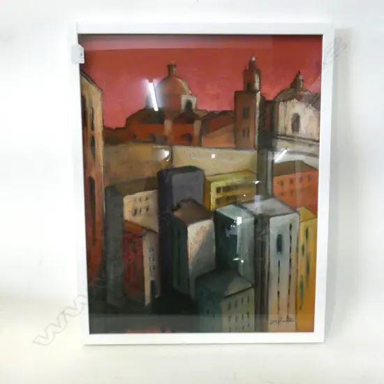NZ ARTIST DAVID POOLE PASTEL CITY SCENE SIGNED 600x470mm