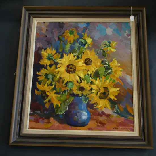 VIOLET WATSON OIL ON BOARD "STILL LIFE WITH SUNFLOWERS" 710 x 610mm five times winner of the Kelliher Award