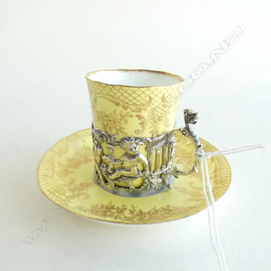 CHINA DEMITASSE CUP& SAUCER IN SILVER HOLDER (professional restoration) LONDON 1898