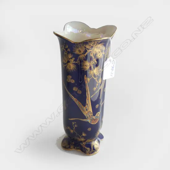 CROWN DUCAL GILT HUMMINGBIRDS ON BLUE CYLINDER VASE H.215mm