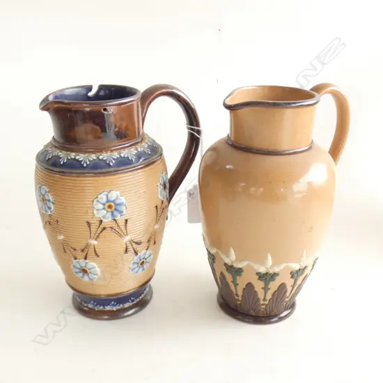 2 DOULTON LAMBETH JUGS - 1 HAS SLOTS FOR METAL LID H  170MM