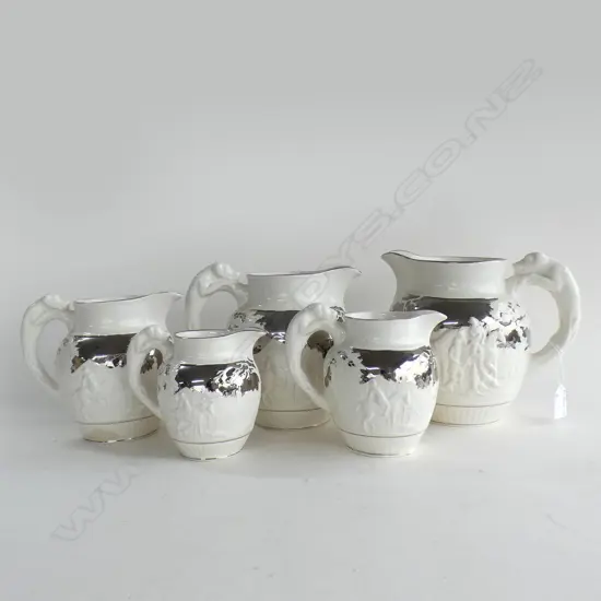 5 GRADUATED WEDGWOOD JUGS W SILVER LUSTRE HUNTING SCENES & DOG HANDLES - LARGEST H 190MM 