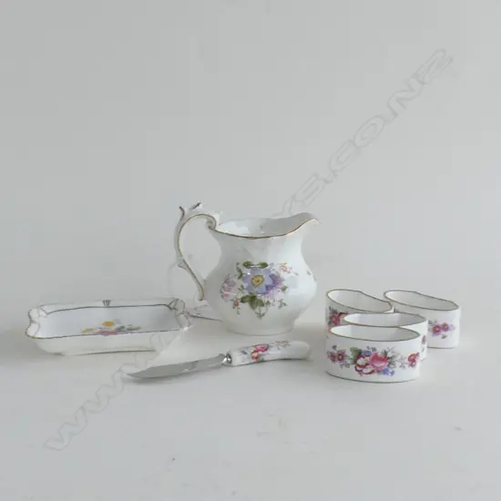 ROYAL CROWN DERBY JUG, PATE DISH & KNIFE & 4 NAPKIN RINGS 