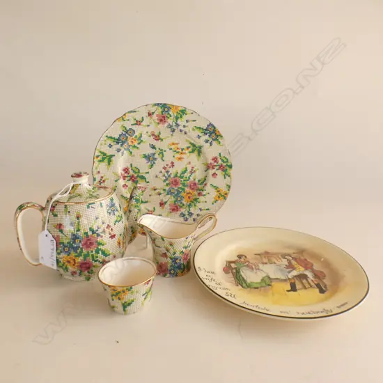 4 PCE ROYAL WINTON QUEEN ANNE NEEDLEPOINT PATTERN + ROYAL DOULTON 'BURNS' PLATE