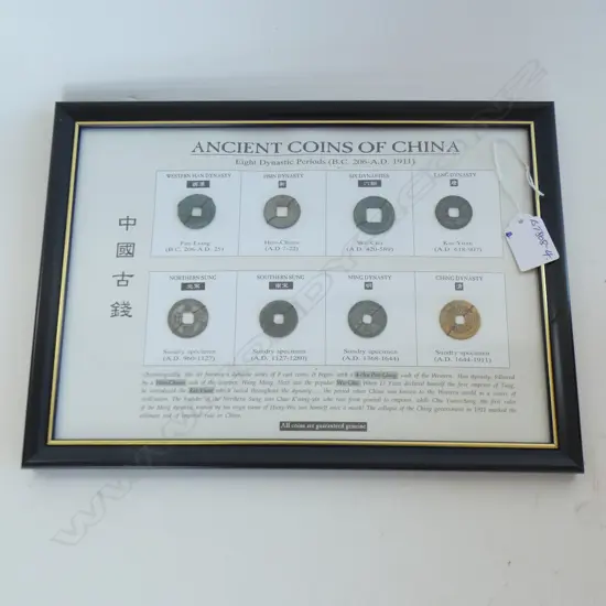FRAMED DISPLAY 'ANCIENT COINS OF CHINA' 8 COINS TOTAL