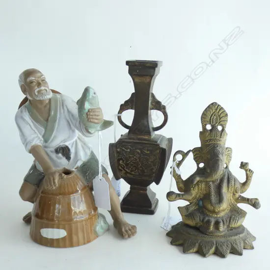 3 ORIENTAL PCES; GU FORM BRONZE VASE H.180mm, CHINESE FISHERMAN, BRASS INDIAN ELEPHANT GOD GANESHA