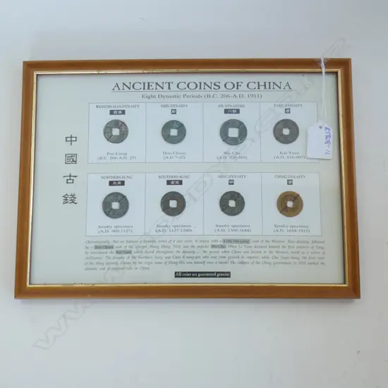 FRAMED DISPLAY 'ANCIENT COINS OF CHINA' 8 COINS TOTAL