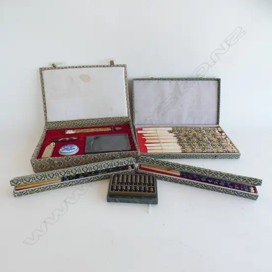 BOXES CHOPSTICKS 2 SETS OF 2 + SET 6 + ORIENTAL CALIGRAPHY SET  - ALL IN ORIGINAL BOXES + SM MARBLE & BRASS ABACUS (90X6