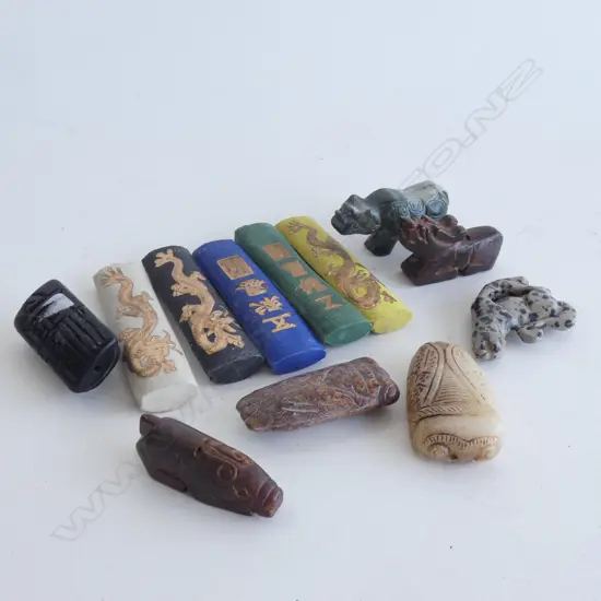 7 ORIENTAL CARVED STONE ANIMALS + 5 DRAGON STICKS H.80mm 