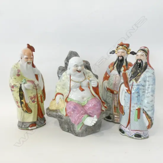 FOUR CHINESE PORCELAIN DEITY FIGURES- INCLUDING LAUGHING BUDDHA-AV HGT H.360mm