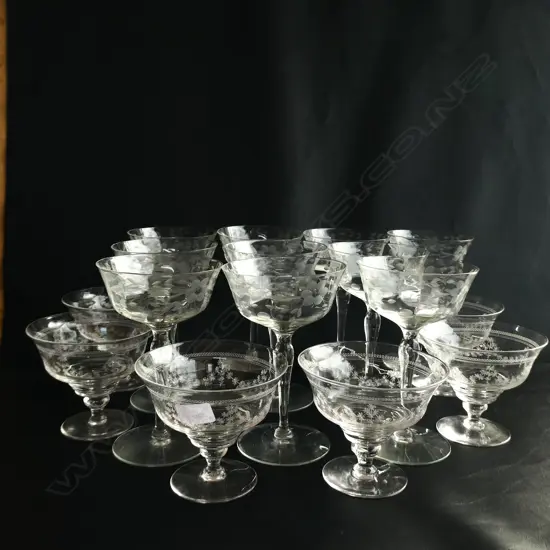 SET 6 STUART CRYSTAL SWEET DISHES & 10 EDWARDIAN ETCHED CHAMPAGNES