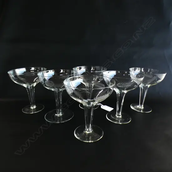 6 ETCHED HOLLOW STEM CHAMPAGNE GLASSES