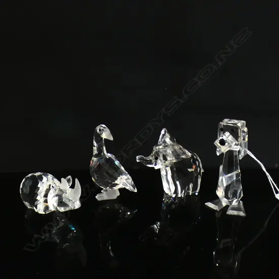 4 SWAROVSKI CRYSTAL ANIMALS; GOOSE, DOG, ELEPHANT & RHINO (L70MM)  EACH IN ORIGINAL BOX