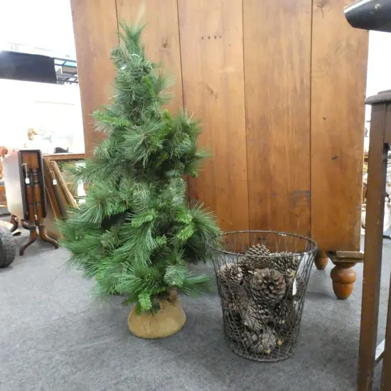 METAL BIN w. PINECONES H.300mm + FAUX XMAS TREE H.900mm