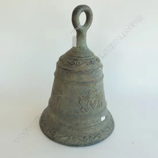 CAMBODIAN BRONZE TEMPLE BELL w. DUTCH EAST INDIA HERALDIC CREST H.410mm