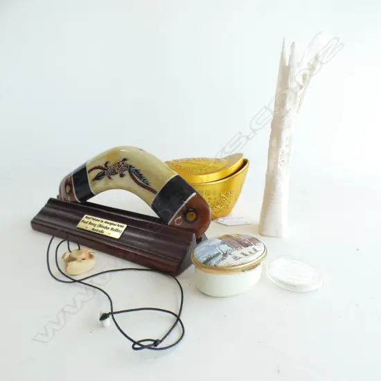 5 ASST. OBJECTS; PAINTED BOOMERANG, CARVED BONE, TRINKET BOX, CHINESE YEAR OF OX COIN, CASED + NECKLACE