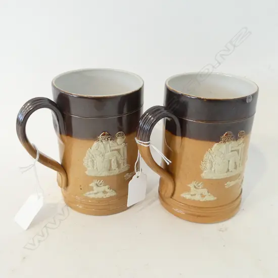 2 ROYAL DOULTON STONEWARE HARVEST TANKARDS, 1 FAULTED, H. 135mm