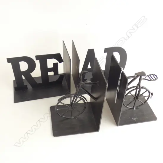 2 PR BLACK METAL BOOK ENDS; 1 BIKE & ONE 'READ'
