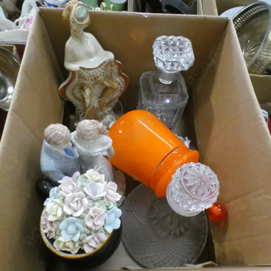 BOX LOT FIGURINES, DECANTERS ETC