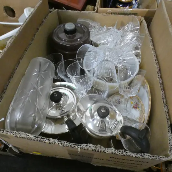 BOX LOT ASST. TEAPOTS & CRYSTAL
