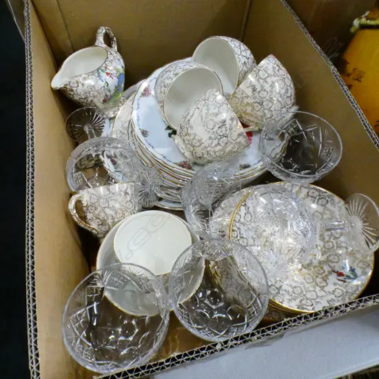 BOX LOT ASST. CHINA + SET OF 6 CRYSTAL CHAMPAGNE GLASSES