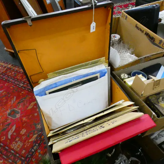 BOX LOT CASE OF ASST. VINTAGE STAMPS, FIRST DAY COVERS, STAMP SHEETS ETC