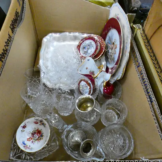 BOX LOT ASST. CRYSTAL, LIMOGES, EP ETC