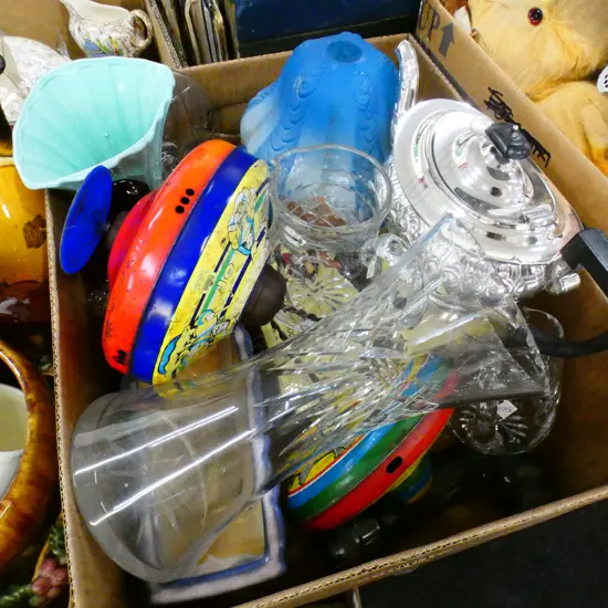 BOX LOT 5 PCES ASST. CRYSTAL, EP TEAPOT, SPINNING TOPS, VASE ETC