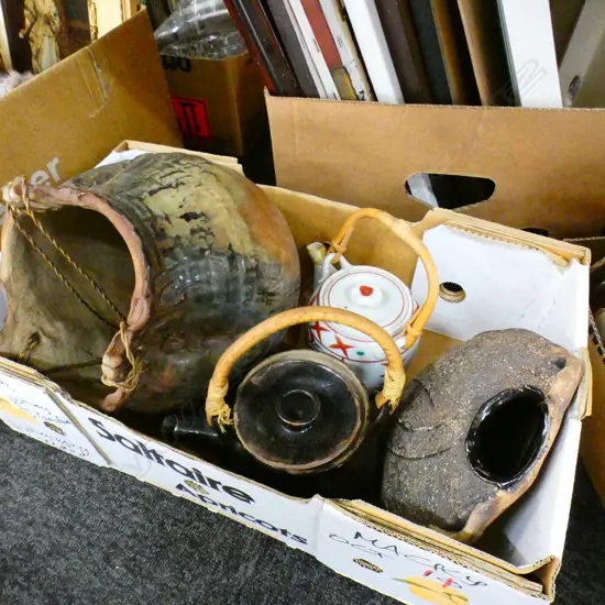 4 POTTERY PCES: LGE HANGING POT + DISCOID VASE + 2 TEAPOTS