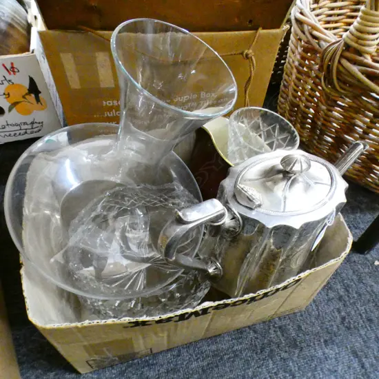 5 ITEMS; 2 CRYSTAL VASES, WINE DECANTER, EP TEAPOT, ROUGE ROYAL JUG (SCATCHED)